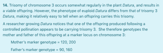 14. Trisomy of chromosome 3 occurs somewhat regularly in the plant Datura, and results in a viable offspring. However, the ph