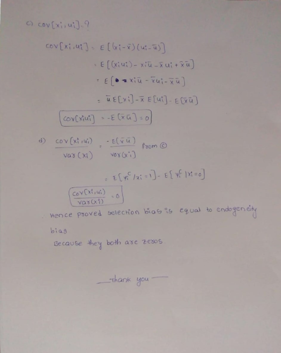 c) cov[xi, ui] = ? cov[xi, ui] = E[lxi-x) (ui - u)] E [(xiu:)- xiu-X ui+xu) & Elonxiu-xui-xu] ūE (xi) - E[ui] - E[xū] covcxiu