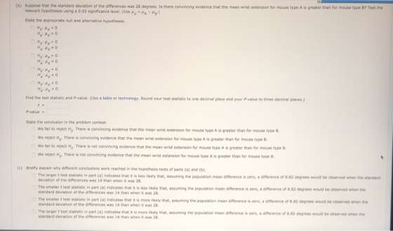 (1) Suppose that the standard deviation of the differences was 28 degrees. Is there convincing evidence that the mean wrist e