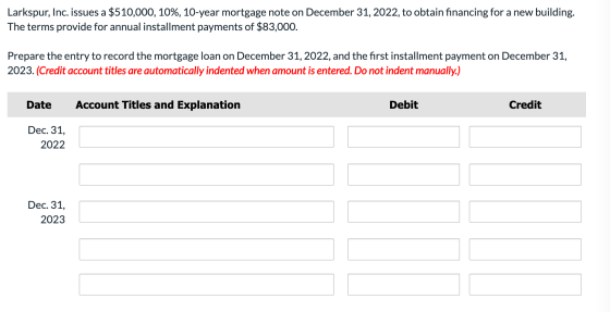 Larkspur, Inc. issues a $510,000, 10%, 10-year mortgage note on December 31, 2022, to obtain financing for a new building. Th