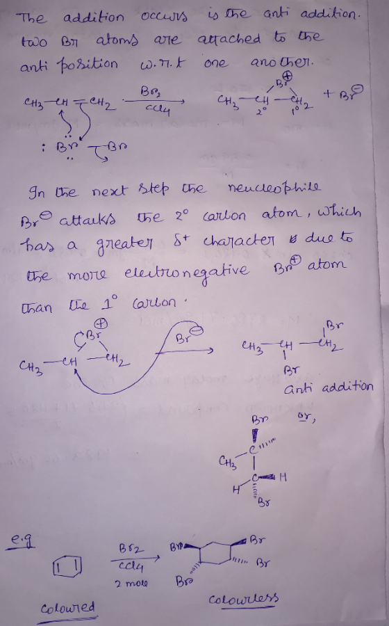 The addition occurs two Br atoms are anti position wirid CH3-CH=CH2 Bolle is the anti addition. attached to the one another.