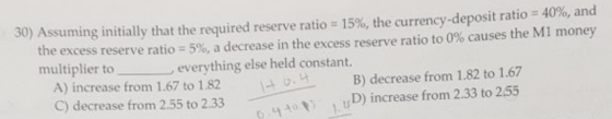 30) Assuming initially that the required reserve ratio = 15%, the currency-deposit ratio = 40%, and the excess reserve ratio