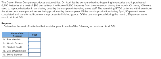 The Devon Motor Company produces automobiles. On April 1st the company had no beginning inventories and it purchased 6,290 ba