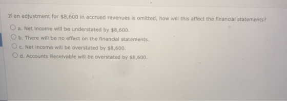 If an adjustment for $8,600 in accrued revenues is omitted, how will this affect the financial statements? O a. Net income wi