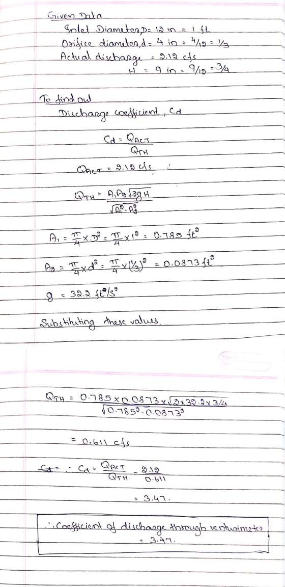 Given Data Inlet Diameter, D= 12 in 1 ft. Orifice diameten, d = 4 in = 4/10 = 1/3 Actual discharge : 5.10 cts gin. 9/19=34 H