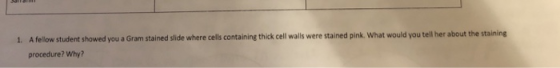 1. A fellow student showed you a Gram stained slide where cells containing thick cell walls were stained pink. What would you