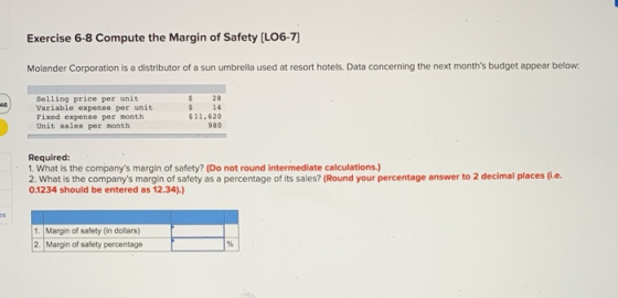 Exercise 6-8 Compute the Margin of Safety (LO6-7) Molander Corporation is a distributor of a sun umbrella used at resort hote