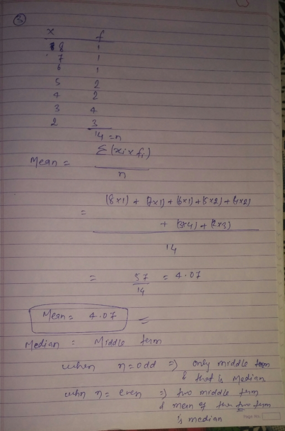 3 14 en Elxxix fi) Mean = 18x1) + 8 x 1) + (6+1) + 15 x2) + (x2) + Brult (2x3) 5 7 = 4.07 Means 4.07 Median - Middle ferm whe