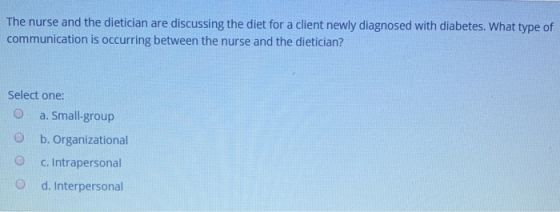 The nurse and the dietician are discussing the diet for a client newly diagnosed with diabetes. What type of communication is