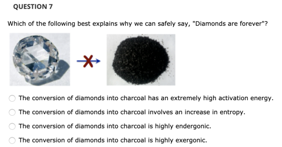 QUESTION 7 Which of the following best explains why we can safely say, Diamonds are forever? O The conversion of diamonds i