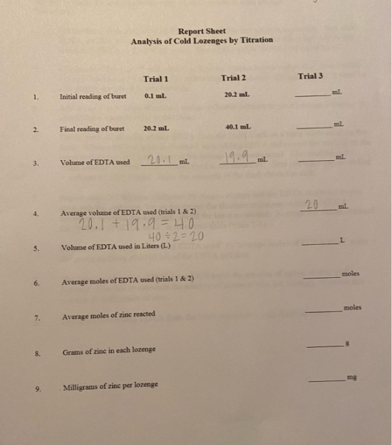 Report Sheet Analysis of Cold Lozenges by Titration Trial 1 Trial 2 Trial 3 1. Initial reading of buret 0.1 mL 20.2 mL 2. 40.