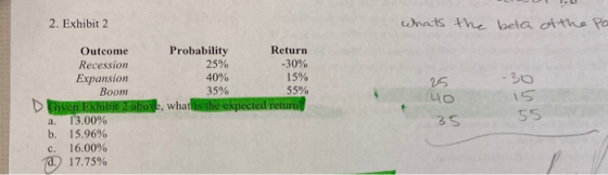 2. Exhibit 2 whats the beta of the pa - 30 15 D Outcome Probability Return Recession 25% -30% Expansion 40% 15% Boom 35% 55%