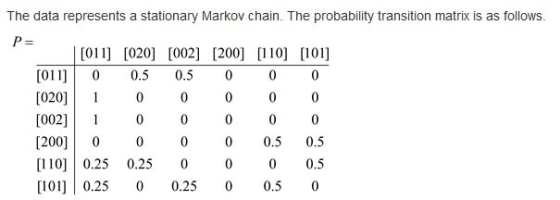 The data represents a stationary Markov chain. The probability transition matrix is as follows. [011] [020] (002] [200] 10) 1