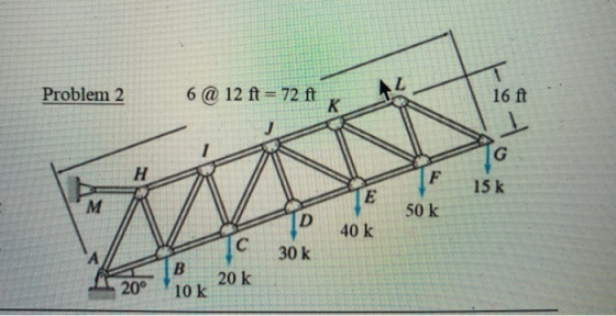 Problem 2 6 @ 12 ft = 72 ft. 16 ft 15 k 50 k 40 k 30k 20° B :201- 20 k 10 k