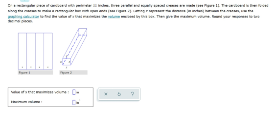 On a rectangular piece of cardboard with perimeter 11 inches, three parallel and equally spaced creases are made (see Figure