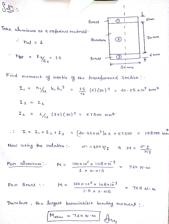 Brass to I Take aluminum as a referena material. 30mm hal = 1 Aluminum .hbf = 6mm Eb/ Eb/Ea 1-5 Bran - 30mm Find moment of in