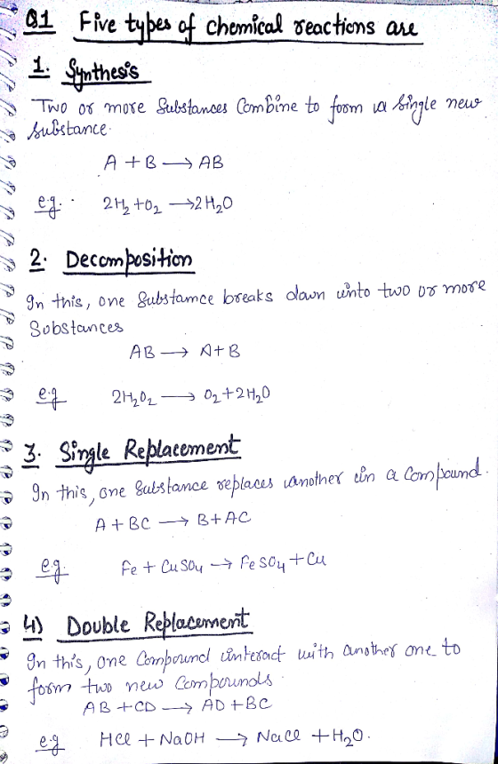 ** 01 five types of chemical reactions are 1 Synthesis Two or more Substances Combine to foom va single neue substance se A+B