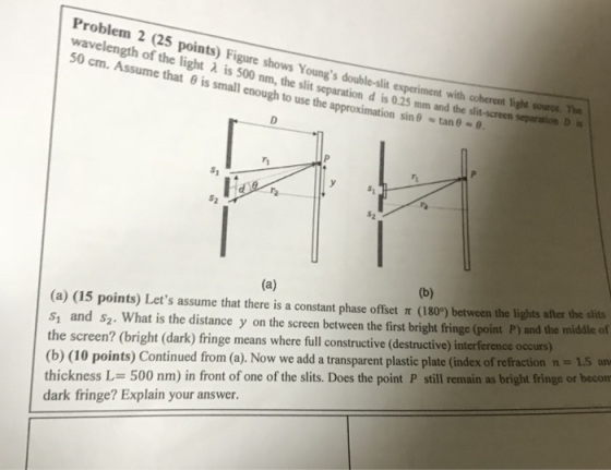 Problem 2 (25 points) Figure shows Youngs double-slit experiment with coherent light source wavelength of the light λ is 500 nm, the slit separation d is 025 mm and the slit-screen separi on 50 cm. Assume that θ is small enough to use the approximation sin θ tan θ (a) (15 points) Lets assume that there is a constant phase offset π (1800) between the lights after thesíts 1 and s2. What is the distance y on the screen between the first bright fringe (point P) and the middle of the screen? (bright (dark) fringe means where full constructive (destructive) interference occurs) (b) (10 points) Continued from (a). Now we add a transparent plastic plate (index of refraction n -1.5 an thickness L 500 nm) in front of one of the slits. Does the point P still remain as bright fringe or becon dark fringe? Explain your answer
