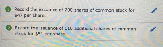 Record the issuance of 700 shares of common stock for $47 per share. 2 Record the issuance of 110 additional shares of common