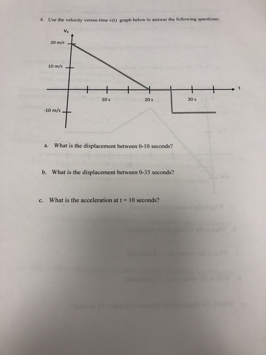 4. Use the velocity versus time v() graph below to answer the following questions: 20 m/s 10 m/s 10 s 20 s 30 s -10 m/sL a. What is the displacement between 0-10 seconds? b. What is the displacement between 0-35 seconds? c. What is the acceleration at t- 10 seconds?