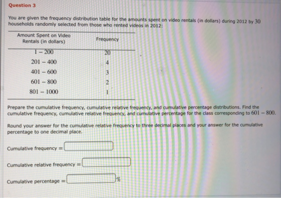 Question 3 You are given the frequency distribution table for the amounts spent on video rentals (in dollars) during 2012 by 30 households randomly selected from those who rented videos in 2012 Amount Spent on Video Rentals (in dollars) FrequencyY 201-400 401-600 601 -800 801-1000 4 Prepare the cumulative frequency, cumulative relative frequency, and cumulative percentage distributions. Find the cumulative frequency, cumulative relative frequency, and cumulative percentage for the class corresponding to 601-800. Round your answer for the cumulative relative frequency to three decimal places and your answer for the cumulative percentage to one decimal place. Cumulative frequency Cumulative relative frequencyEEE Cumulative percentage -