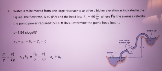 4. Water is to be moved from one large reservoir to another a higher elevation as indicated in the V 2 Figure. The flow rate,