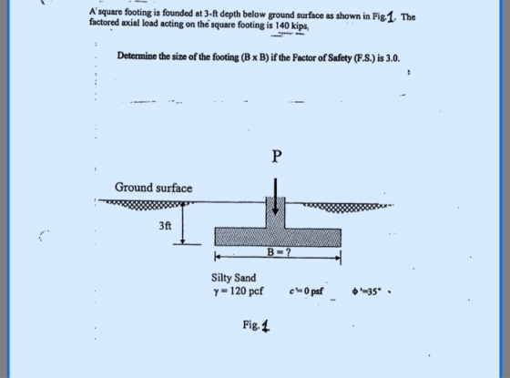 A square footing is founded at 3-ft depth below ground surface as shown in Fig1, The factored axial load acting on the square