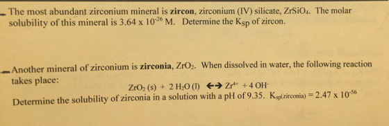 The most abundant zirconium mineral is zircon, zirconium (IV) silicate, ZrSiO4. The molar solubility of this mineral is 3.64