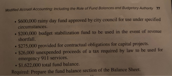 Modified Accrual Accounting: Including the Role of Fund Balances and Budgetary Authority 77 • $600,000 rainy day fund approve