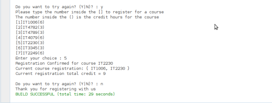 Do you want to try again? (YIN)? y Please type the number inside the [] to register for a course The number inside the () is