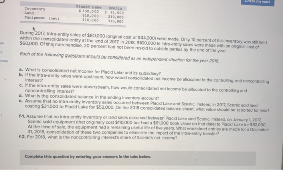 Check my work Inventory Land Equipment (net) Placid Lake $ 150,000 610,000 410,000 Scenic $91,000 210,000 310,000 During 2017