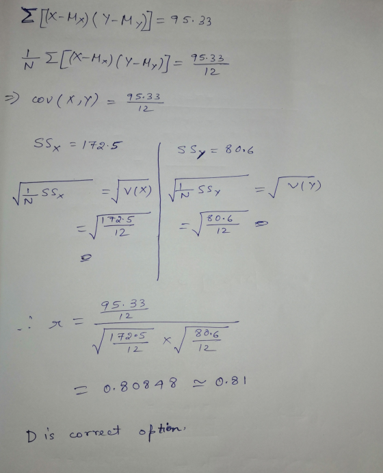 E[lx-Mx) ( Y-MX)] = 95.33 * [(x-M-) (Y-Hy)] = 15:33 =) cou(X,Y) 95.33 12 SSX = 172.5 Х sty=8006 Ssx V(X) ssy July 172.5 --- 8