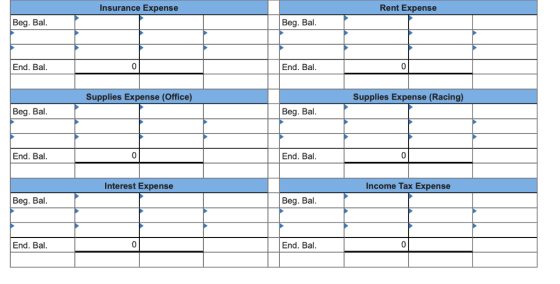 Insurance Expense Rent Expense Beg. Bal. Beg. Bal. End. Bal End. Bal. Supplies Expense (Office) Supplies Expense (Racing) Beg. Bal. Beg. Bal End. Bal 0 End. Bal. Interest Expense Income Tax Expense Beg. Bal. Beg. Bal. End. Bal. End. Bal.