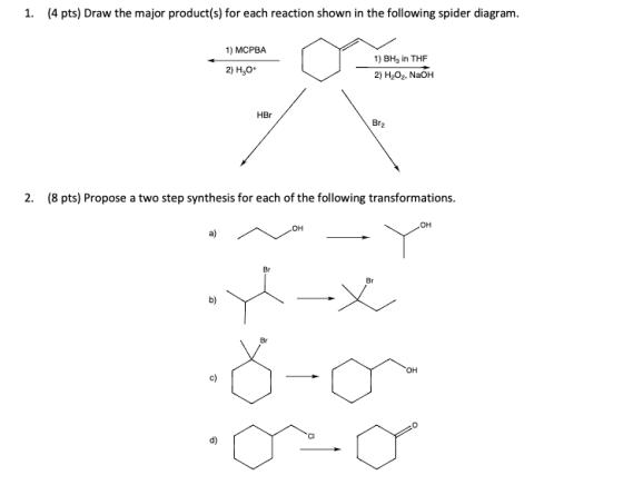 1. (4 pts) Draw the major product(s) for each reaction shown in the following spider diagram. 1) MCPBA 2) H2O 1) BH, in THE 2