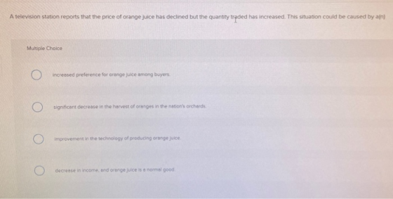 A television station reports that the price of orange juice has declined but the quantity traded has increased. This situatio