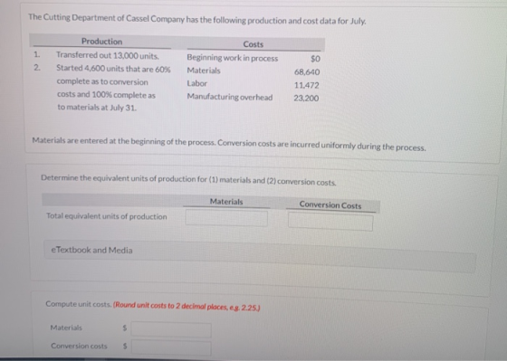 1. The Cutting Department of Cassel Company has the following production and cost data for July. Production Costs Transferred