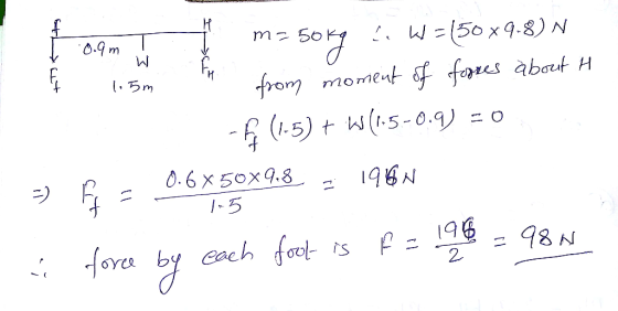 1.5m laamt m=50kg 2. W=(50x9.8). from moment of forces about H - (1-5) + W(15-0.9) = 0 9 lg = 0.6 X.50X9.8 196N a force by ea