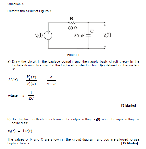Question 4. Refer to the circuit of Figure 4. R 802 50 uF с vi(t) v.(t) Figure 4 a) Draw the circuit in the Laplace domain, a