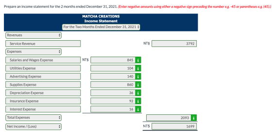 Prepare an income statement for the 2 months ended December 31, 2021. (Enter negative amounts using either a negative sign pr