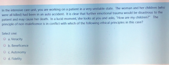In the intensive care unit, you are working on a patient in a very unstable state. The woman and her children (who were all k