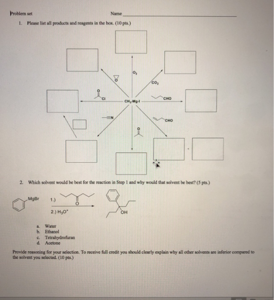 Problem set Name 1. Please list all products and reagents in the box. (10 pts.) ︿сно 2. Which solvent would be best for the r