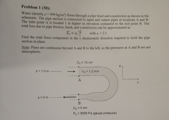 Problem 1 (30): Water (density p 999 kg/m) flows through a pipe bend and constriction as shown in the schematic. The pipe section is connected to input and output pipes at loc ations A and B. the inlet point A is located 1 m higher in elevation compared to the exit point B. The total loss d ue to pipe friction, bend, and constriction can be approximated as EU = etY2 with et = 2.1 2 Find the total force component in the x (horizontal) direction required to hold the pipe section in place. Note: Pipes are continuous beyond A and B to the left, so the pressures at A and B are not atmospheric DA 10 cm z=1.0 m VA-1.2m/s 1 → D5 cm PB 5000 Pa (gauge pressure)
