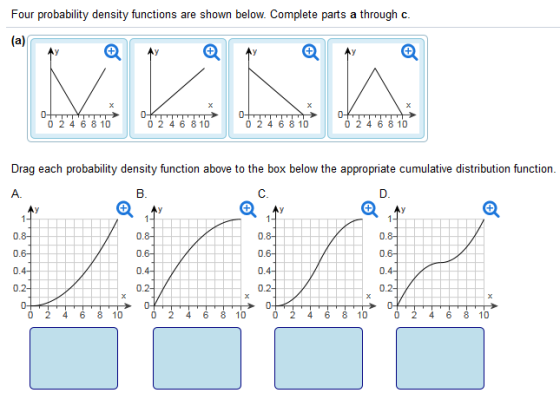 Four probability density functions are shown below. Complete parts a through c. oa 2 810 02468 10 02468 10 0 2468 10 Drag each probability density function above to the box below the appropriate cumulative distribution function A. C. 0.8- 0.6 0.4 0.8 0.6 0.4 LAB iLEi 0.4 0.4 2 0 2 4 6 8 10 0 2 4 6 8 10 0 2 4 6 8 10 0 2 4 6 8 10