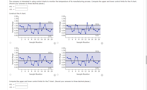 The company is interested in using control charts to monitor the temperature of its manufacturing process. Compute the upper