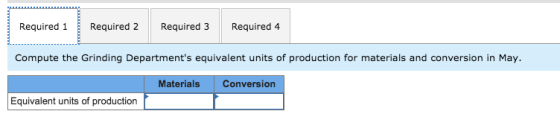 Required 1Required 2 Required 3 Required 4 Compute the Grinding Departments equivalent units of production for materials and conversion in May. Materials Conversion Equivalent units of production