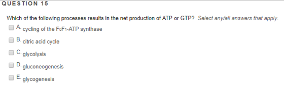 QUESTION 15 Which of the following processes results in the net production of ATP or GTP? Select any/all answers that apply. A cycling of the FoFt-ATP synthase B. citric acid cycle C. glycolysis O D. gluconeogenesis OE glycogenesis