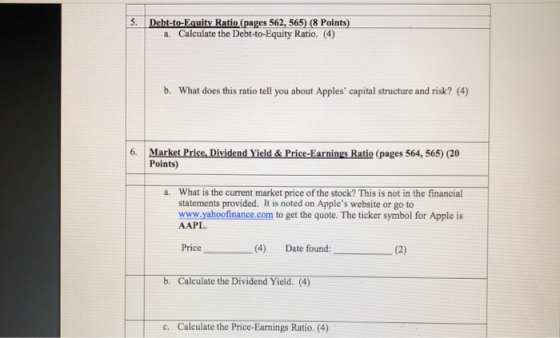 Debt-to-Equity Ratio (pages 562, 565) (8 Points) a. Calculate the Debt-to-Equity Ratio. (4) 5. b. What does this ratio tell y