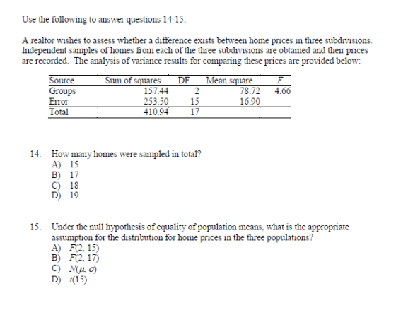 Use the following to answer questions 14-15: A realtor wishes to assess whether a difference exists between home prices in th