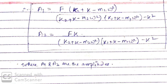 AL F (Retk-m2.0²) (katk-m2w2 (KitK-m, co?)-k2 A2 = EK ( Kztk-m2.2) (x2+x-milos) -K? where A & Az are the amplitude Es Scanned