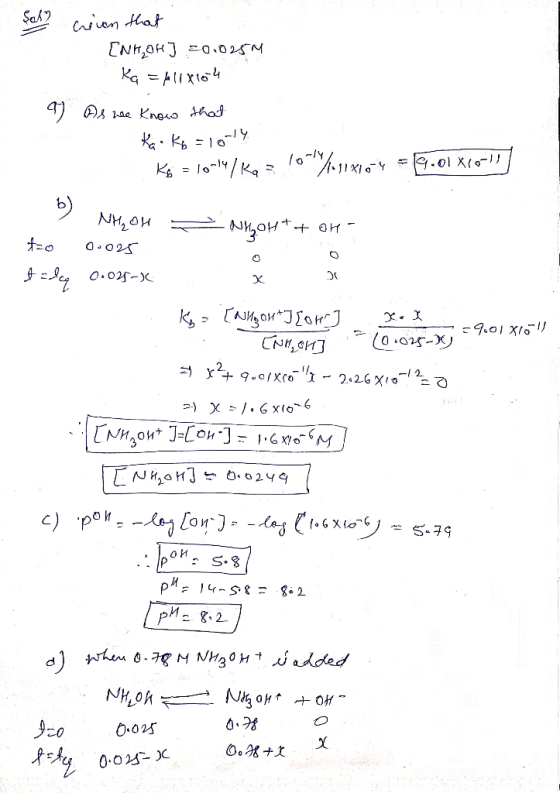 Sch weiven that [NHOH] 20.025m ka=fl1x104 Ф, 20а Клоко Моя X: k, lo Kg = 10-14/ Kaş 100%.11810-4 = 14.01xcolo 4) -9.01 X16-11